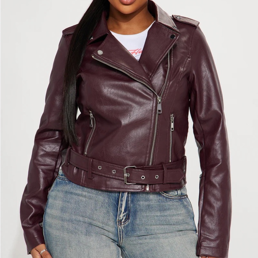 Burgundy leather jacket with belt